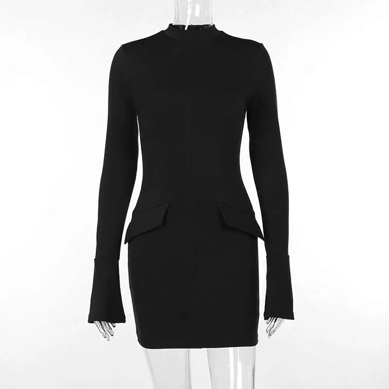 Cheky - Women Elegant Dark Blue Commuting Mini Dress Autumn Sexy Pocket Long Sleeve Bodycon Dresses Lady Chic Party Club Robe