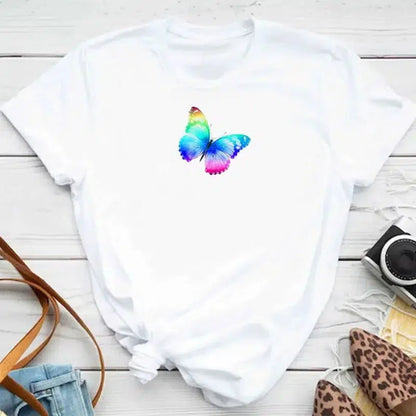 Cheky - New Fashion Women T-shirt Colorful Butterfly Petal Print Short Sleeve and Round Neck Cute Graphic Tee Shirts Female Tops Clothin