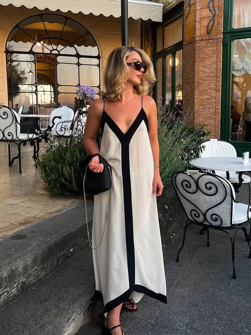 Cheky - Elegant Suspender Maxi Dress Women's Sexy Summer Sling Beach Dresses Female Backless V-neck Contrast Color Vacation Long Dresses