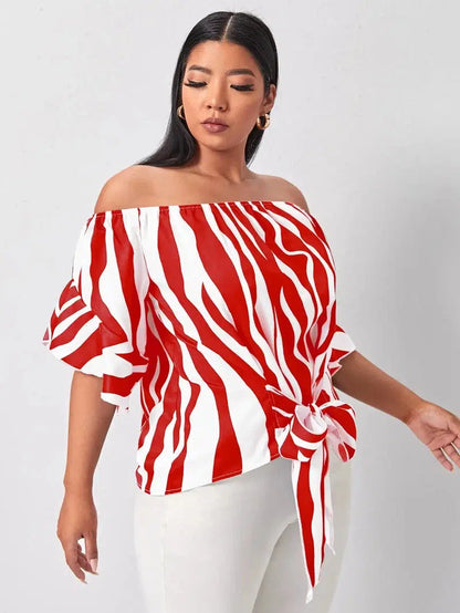 Cheky - Finjani Red Panel Blouse Barrel Neck Bell Sleeves Striped Tops Loose Lace up Elegant Plus Size Women's Blouses