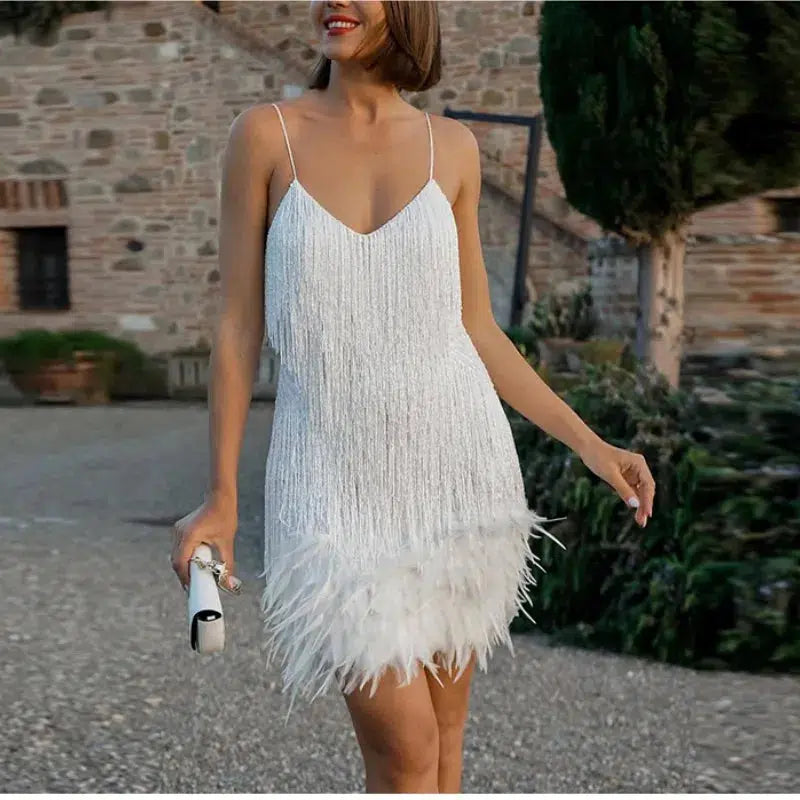 Cheky - New Sexy Tassel Sequins Feather Mini Dress Women Spaghetti Strap Stitching Dresses Female Elegant Evening Party Club Dress