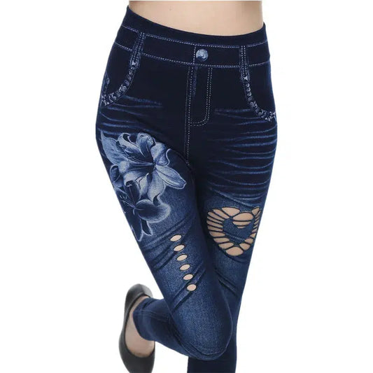 Cheky - Denim Leggings Capris Hollow