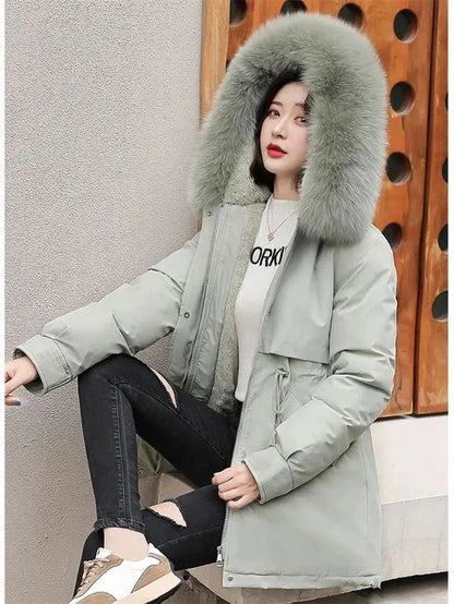 Cheky - Winter Coat Men Women Short Loose Add Velvet Thick Warmth Fur Hooded Parkas 2023 Fashion Korean Adjutable Belt Slim Cotton Coat