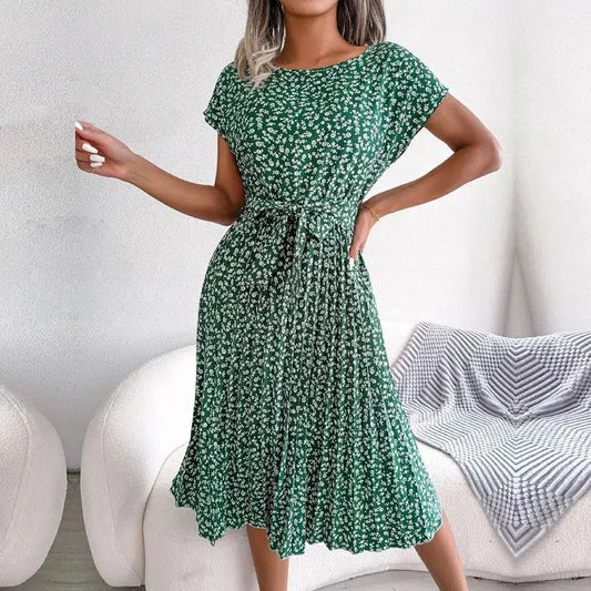 Cheky - Women Spring Summer Short Sleeve High Waist Chic Dress Fashion Floral Pleated A Line Long Dress