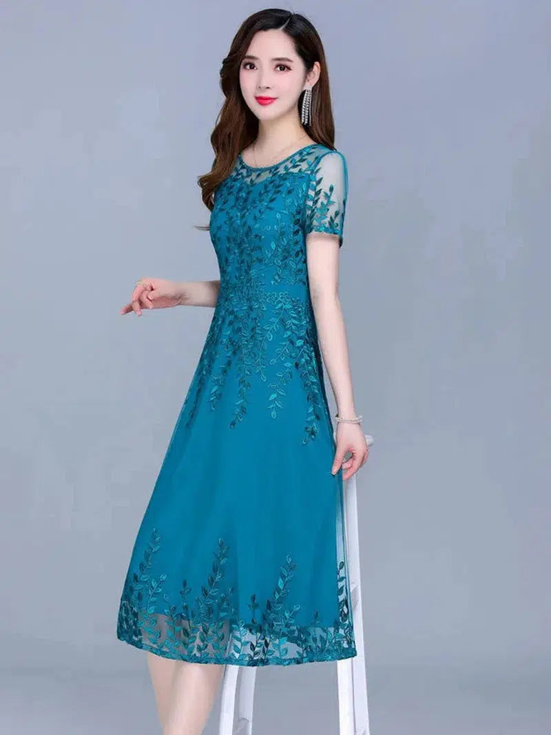 Cheky - Blue Casual Chiffon Mesh Korean Long Dress Summer Women New Tunics Midi Fashion Elegant Prom Evening Dresses Short Sleeve