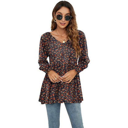 Cheky - Long Puff Sleeve Tops Women Flowers Print Casual V-Neck Blouse T-Shirts Babydoll Tops