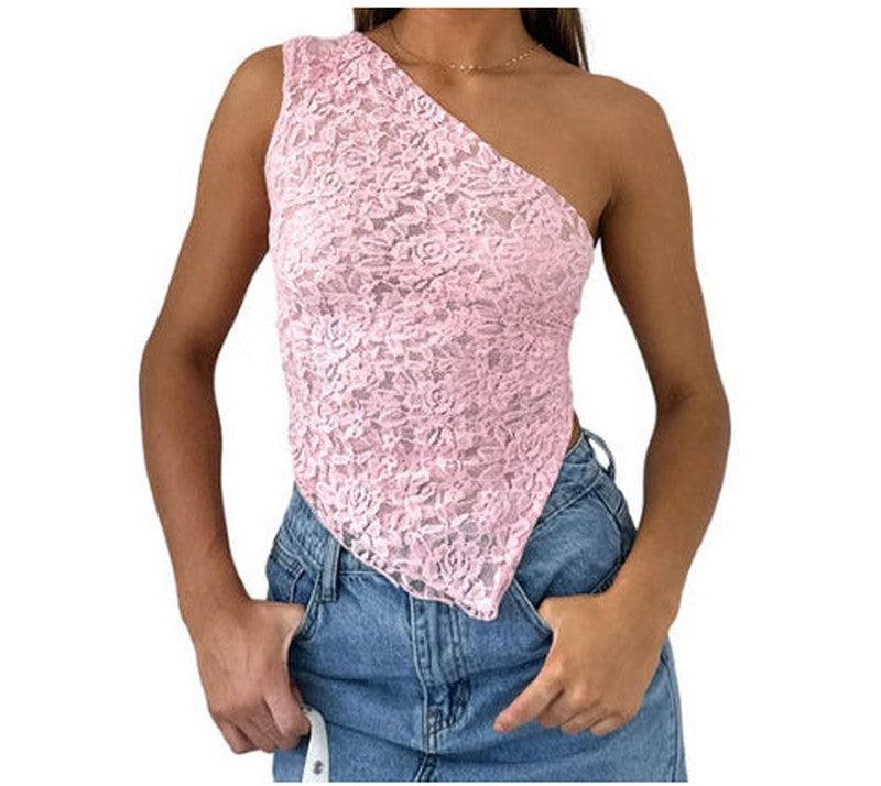 Cheky - Ins Lace Backless Top Summer Solid Color Waistless Asymmetrical Sloped Neck Vest Streetwear Womens Clothes