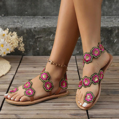 Cheky - Ethnic Style Flowers Flat Sandals Summer Vacation Casual Clip Toe Beach Shoes For Women