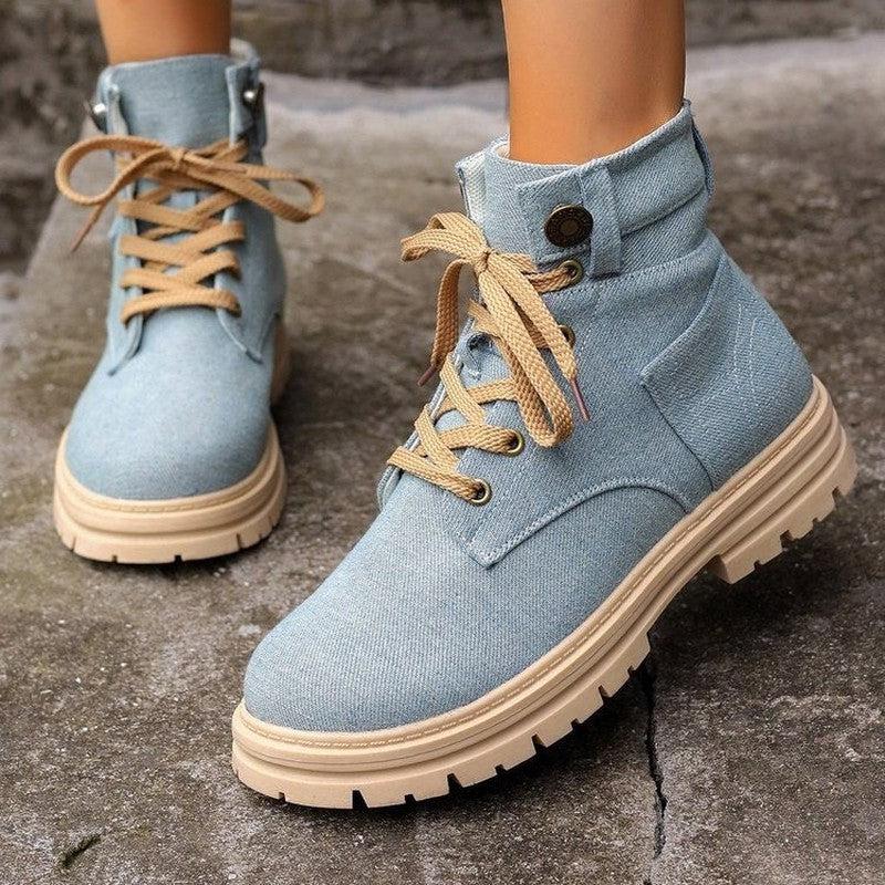 Cheky - Lace-up Denim Ankle Boots Women Fashion Platform Cowboy Boots Casual Fashion Autumn Winter Round Toe Shoes