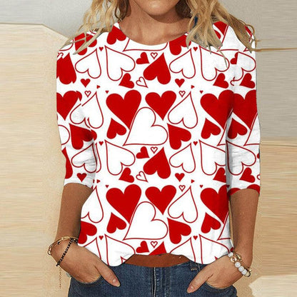 Cheky - Valentine's Day Female With Hearts Printing Crew Neck T-shirt Top