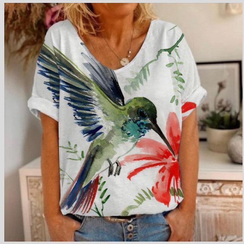 Cheky - Women's Printed Short-sleeved T-shirt V-neck Loose Top