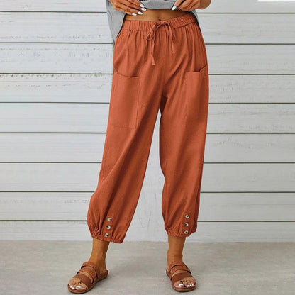 Cheky - Women Drawstring Tie Pants Spring Summer Cotton And Linen Trousers With Pockets Button