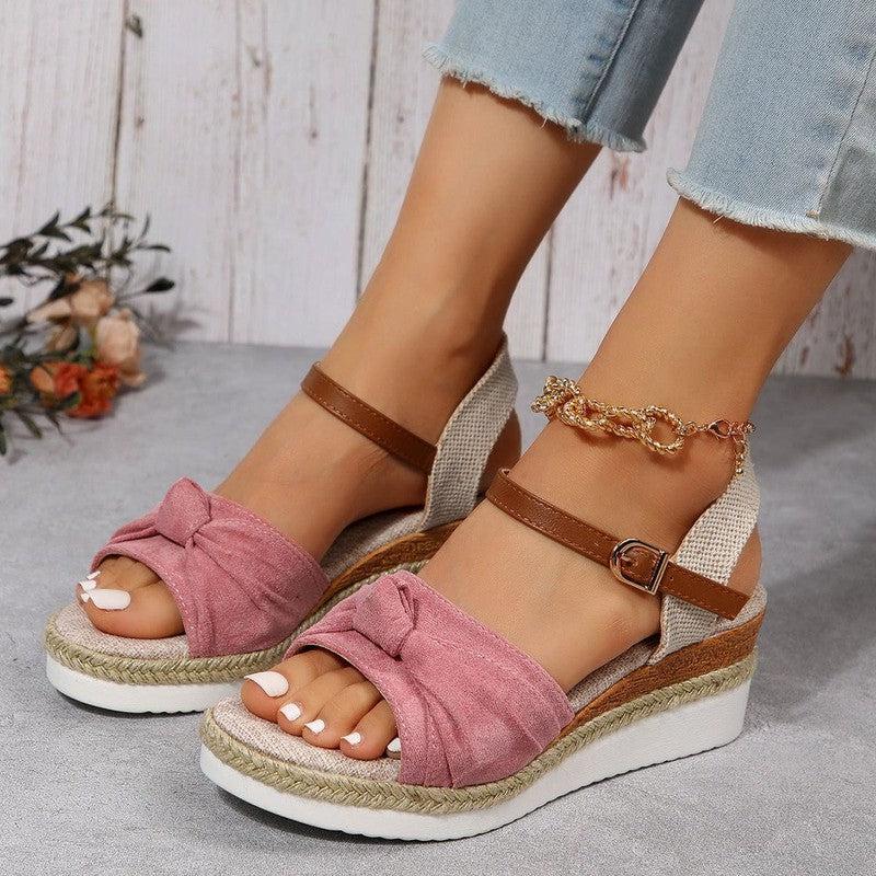 Cheky - New Thick-soled Bow Sandals Summer Fashion Casual Linen Buckle Wedges Shoes For Women