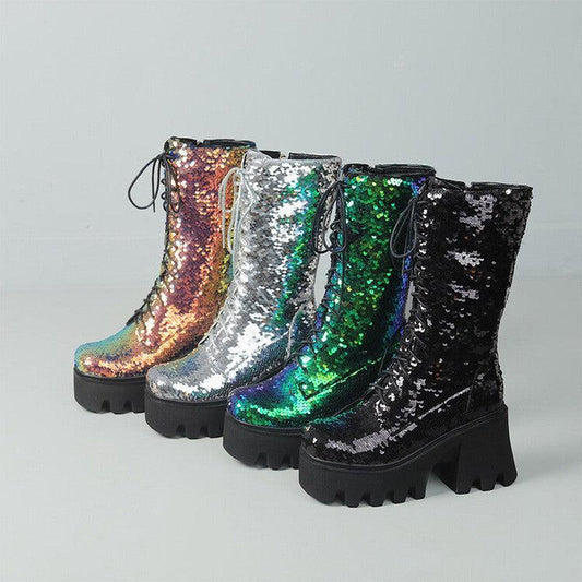 Cheky - Sequins Mid-calf Martin Boots Round Head Front