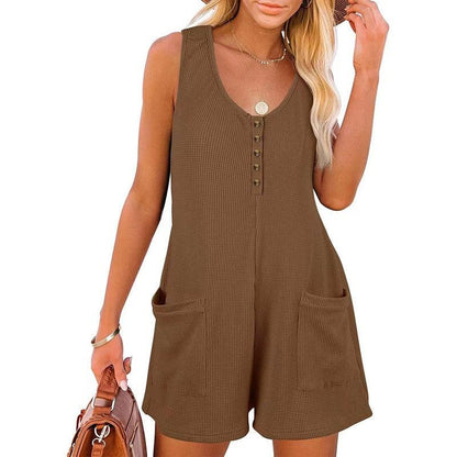 Cheky - Casual Waffle Button Jumpsuit With Pockets Fashion Summer Beach Straight Shorts Overall Pants Womens Clothing