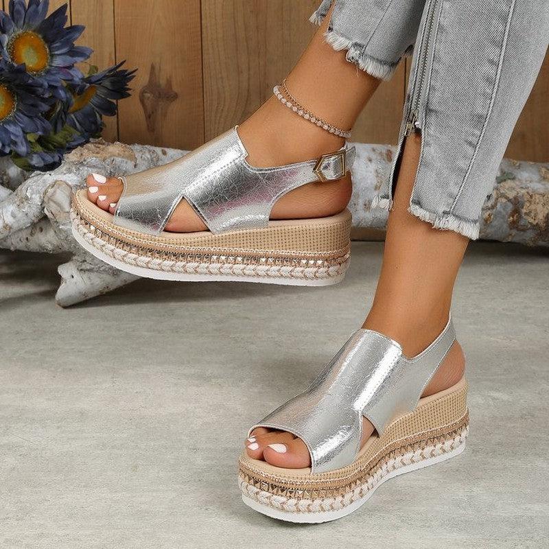 Cheky - Summr Shiny Sandals Hollow Design Fish Mouth Sandal For Women Fashion Buckle Wedges Shoes