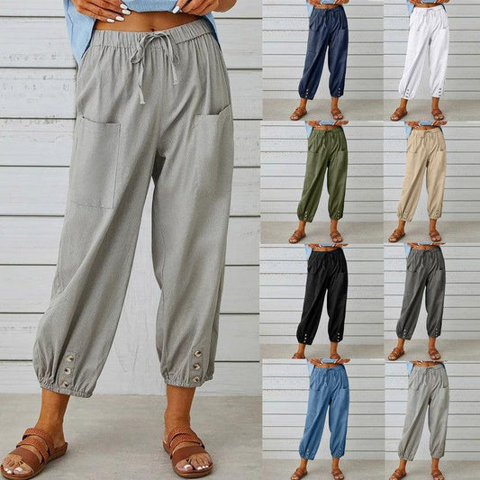 Cheky - Women Drawstring Tie Pants Spring Summer Cotton And Linen Trousers With Pockets Button