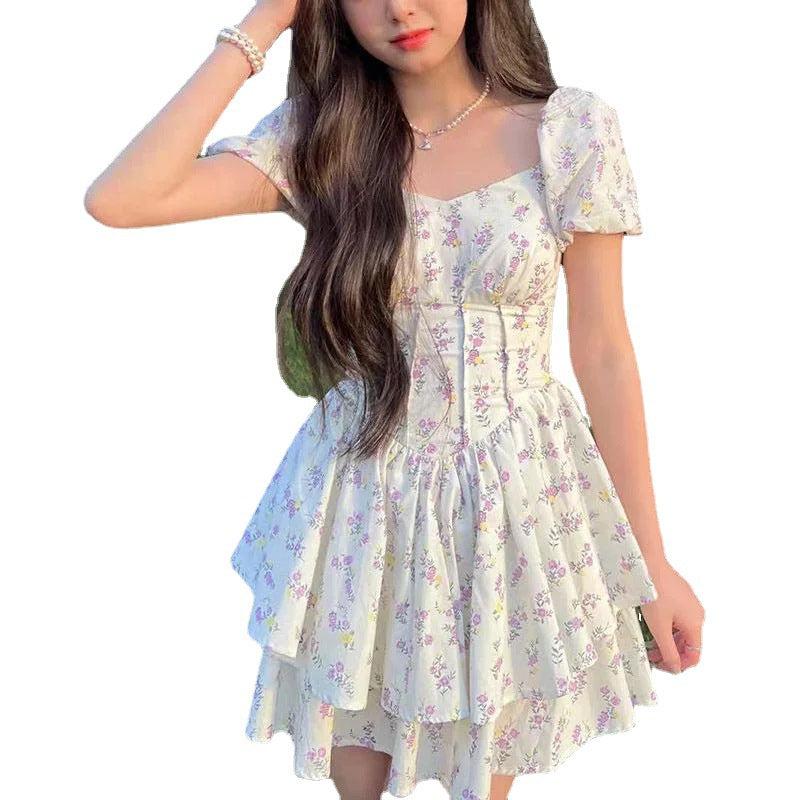 Cheky - Summer Soft Bubble Sleeve Princess Fragmented Flower Dress