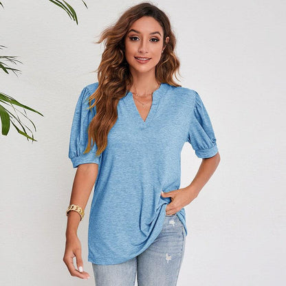 Cheky - Women's Pleated Puff Sleeve Tops Summer V Neck T Shirts Casual Loose Blouses