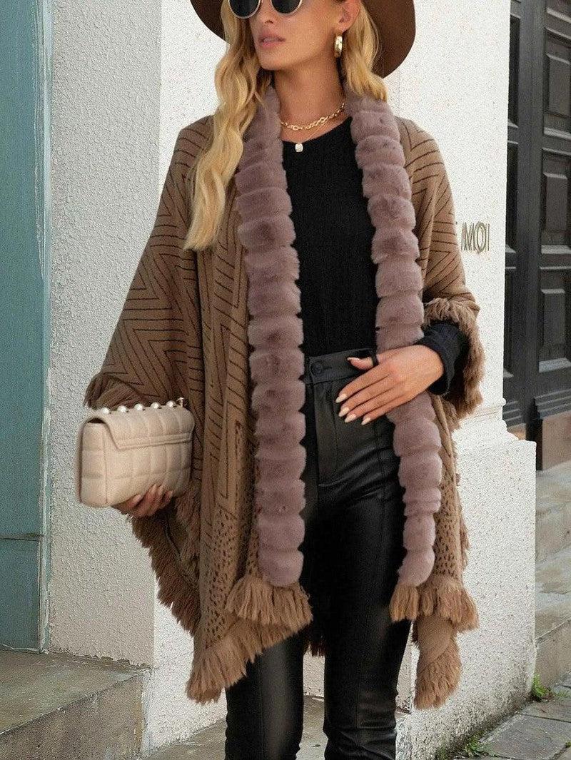 Cheky - Autumn And Winter New Luxury Wool Collar Tassel Shawl Sweater Cloak