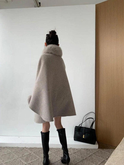 Cheky - Cape Fox Fur Collar Cashmere Wavy Coat