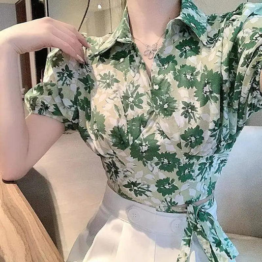 Cheky - Cross Tie Green Retro Flowers Short Puff Sleeve Shirt