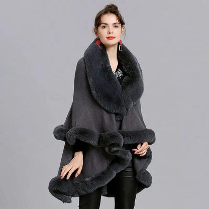 Cheky - Fur Shawl And Fur Collar Knitted Cardigan Shawl Cloak