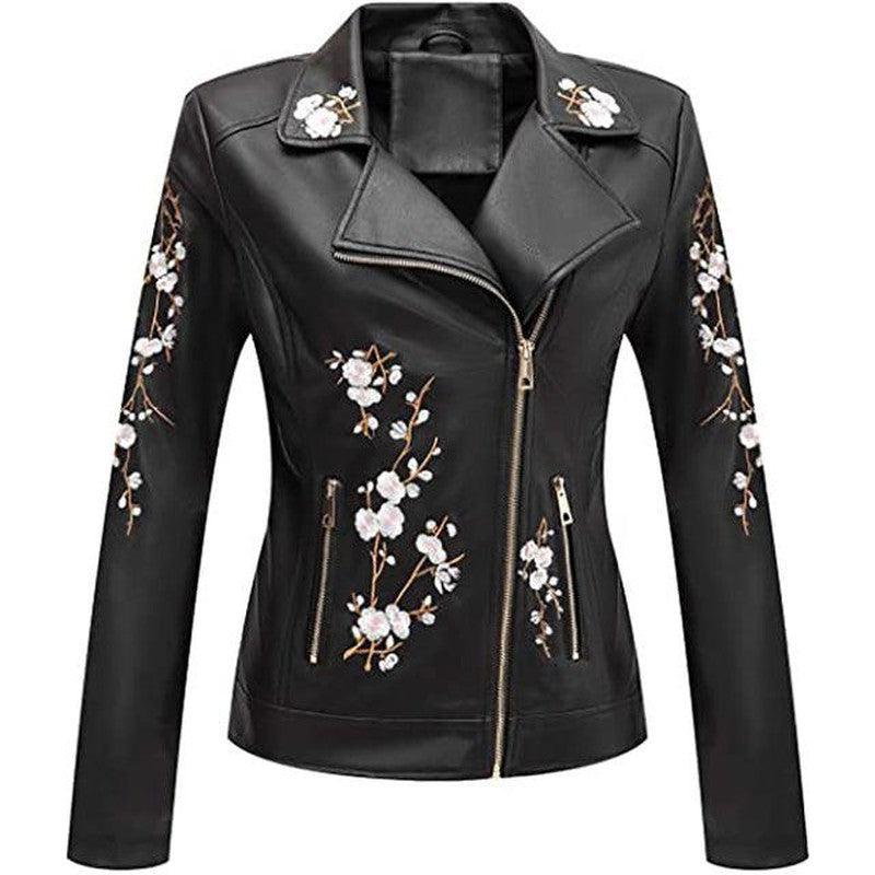 Cheky - Giolshon Autumn Flowers Embroidery PU Leather Jacket Women