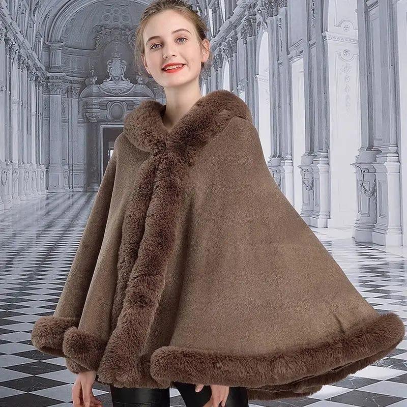 Cheky - Hooded Cloak Imitation Rex Rabbit Fur Fashion Shawl