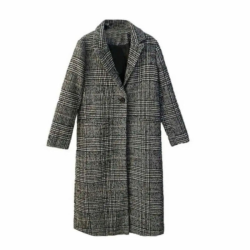 Cheky - Houndstooth Mid-length Woolen Coat Thick Wool Cloth Korean