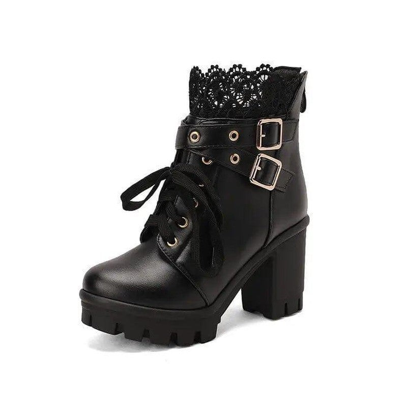 Cheky - Lace Ankle Boots Lace-up Square Heeled Shoes Women White Black Boots