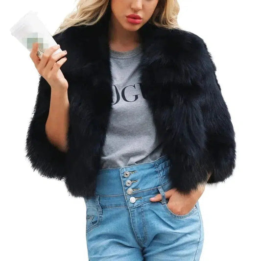 Cheky - Lapel fox fur grass short coat faux fur long hair coat