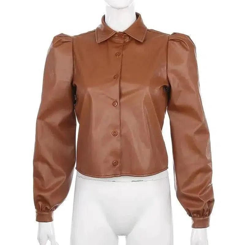 Cheky - Long Puff Sleeve Turn Down Collar Women Leather Shirt