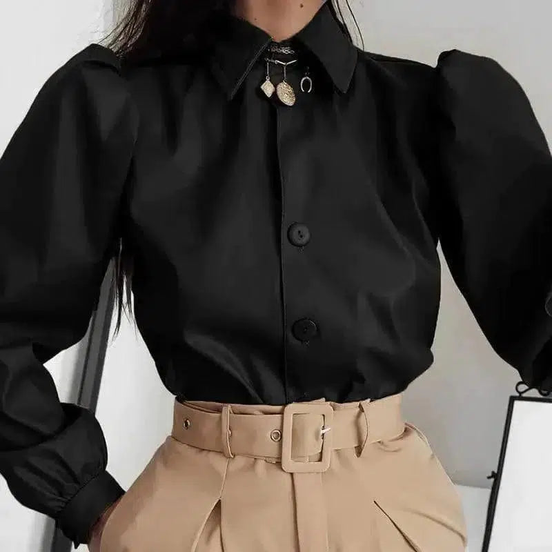 Cheky - Long Puff Sleeve Turn Down Collar Women Leather Shirt