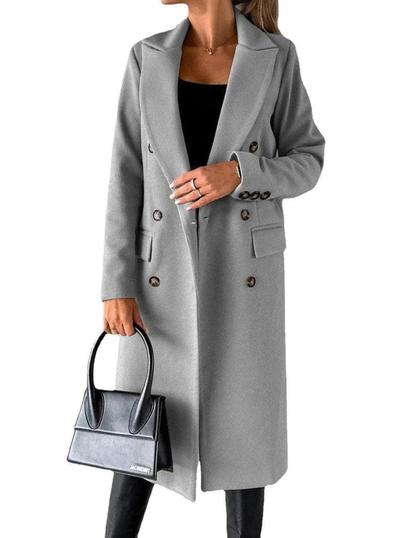 Cheky - Long Sleeve Lapel Solid Double Breasted Slim Coat Coat