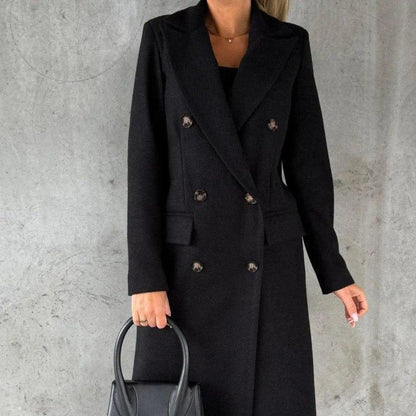 Cheky - Long Sleeve Lapel Solid Double Breasted Slim Coat Coat