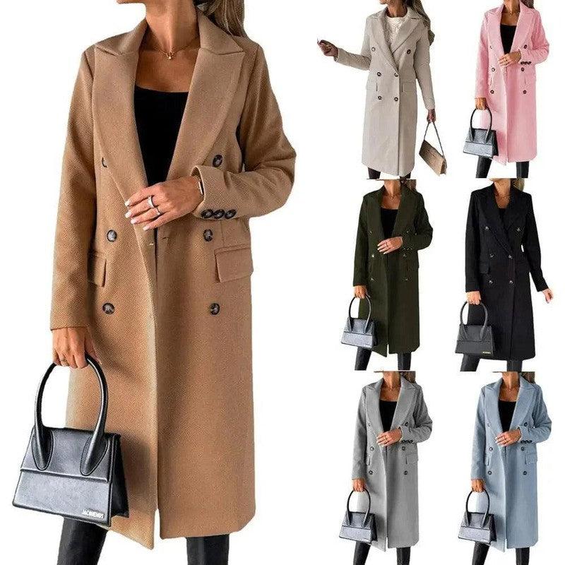 Cheky - Long Sleeve Lapel Solid Double Breasted Slim Coat Coat