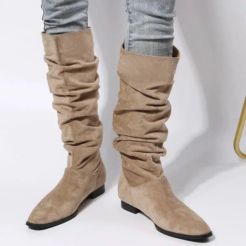 Cheky - Low Heel Boot Women Faux Suede Pointed Toe Boots Pleated