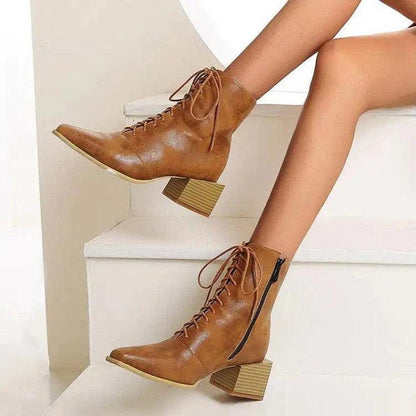 Cheky - Martin Boots Women Thick Heel Pointed Toe Zipper Short Boots Women