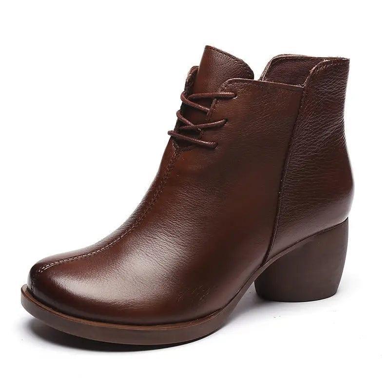 Cheky - New Retro Leather Comfortable Thick Heel Women Boots High Heel Martin Boots Leather Boots Short Boots Women