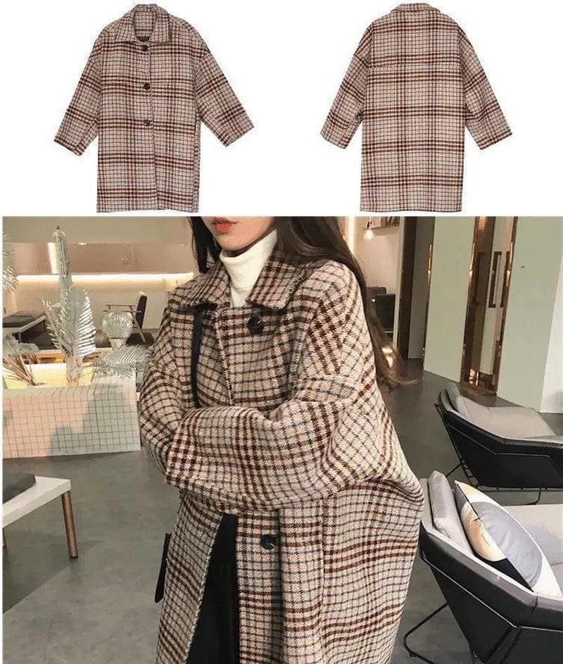 Cheky - Plaid woolen coat female long section autumn and winter