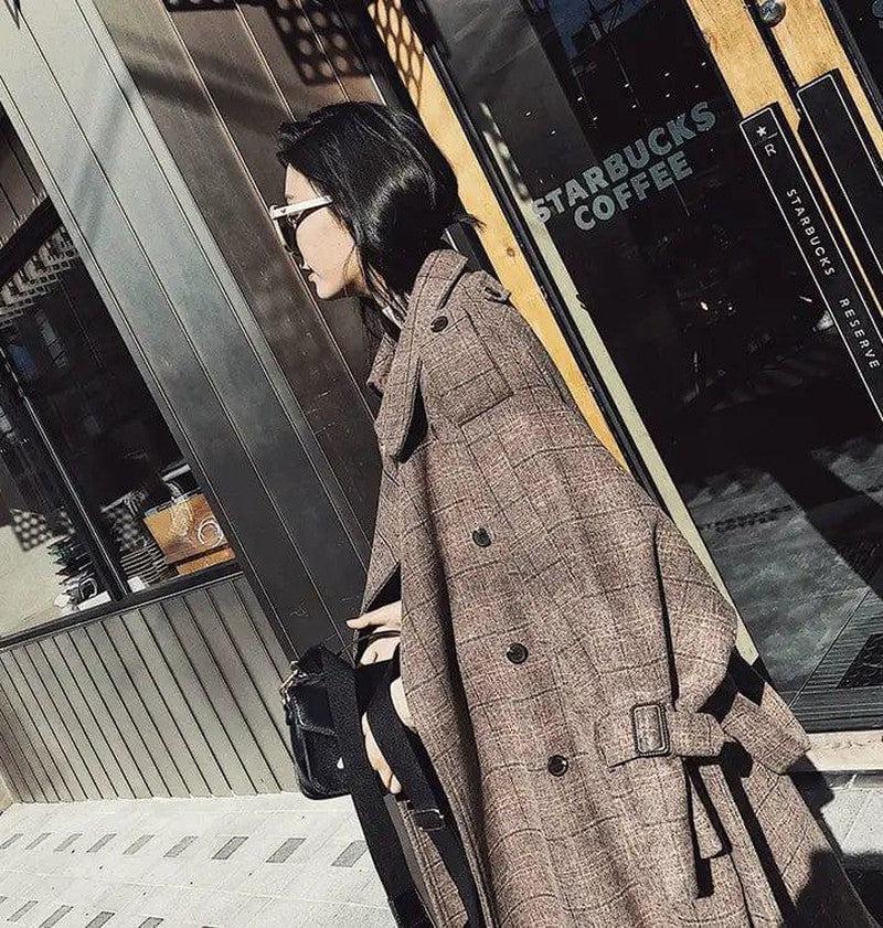 Cheky - Plaid woolen coat female long section Korean version autumn