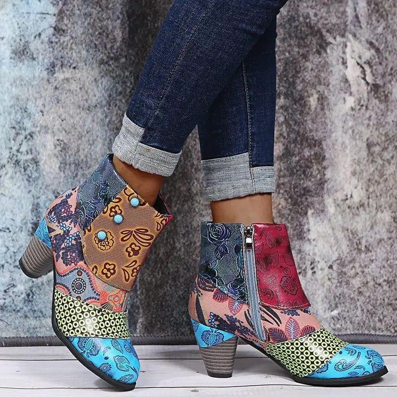 Cheky - Print Ankle Boots Chunky Mid Heel Boots Women Side Zipper Shoes