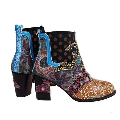 Cheky - Print Ankle Boots Chunky Mid Heel Boots Women Side Zipper Shoes