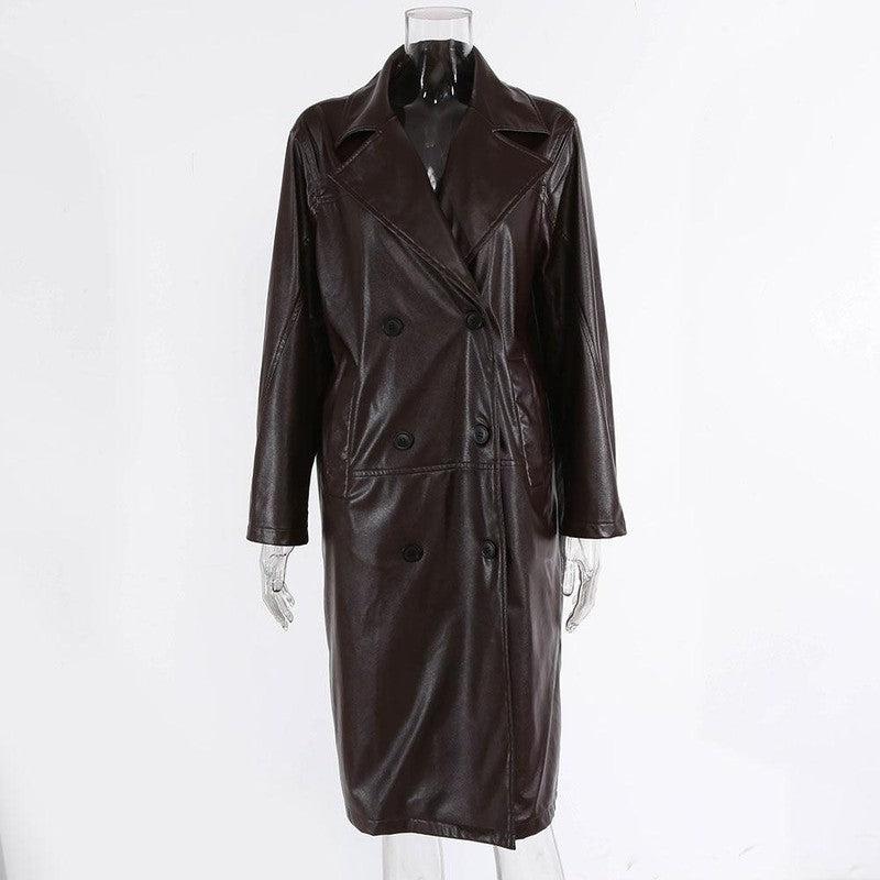 Cheky - Retro Coat Women's Long Temperament PU Leather Jacket