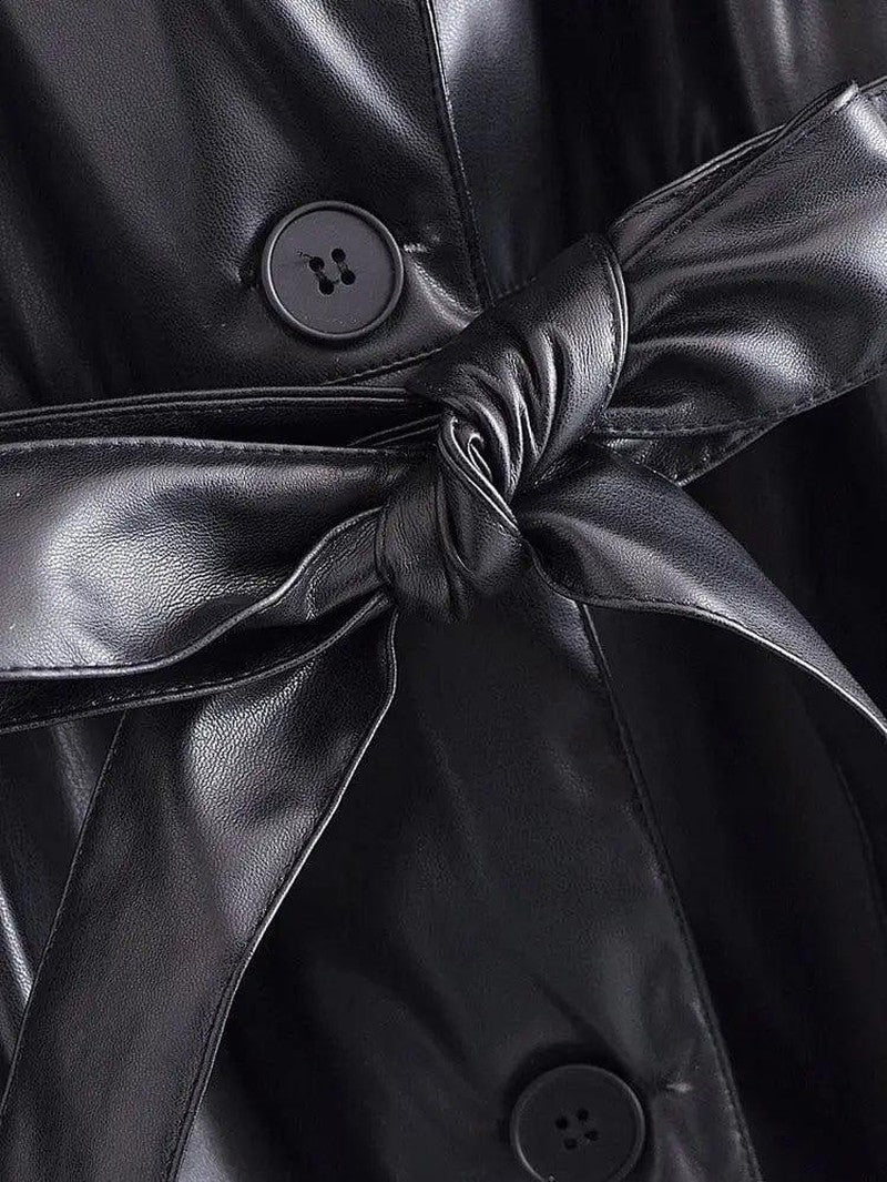 Cheky - Stylish Belted Faux Leather Trench Coat