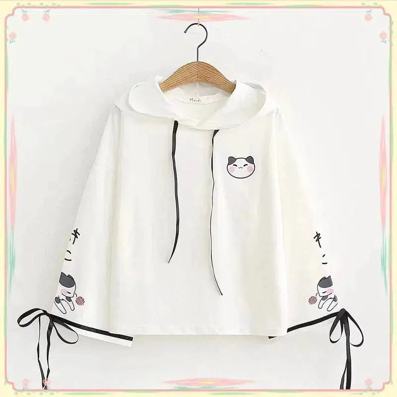 Cheky - Sweet And Cute Childlike Cat Print Lace Cotton Loose Casual