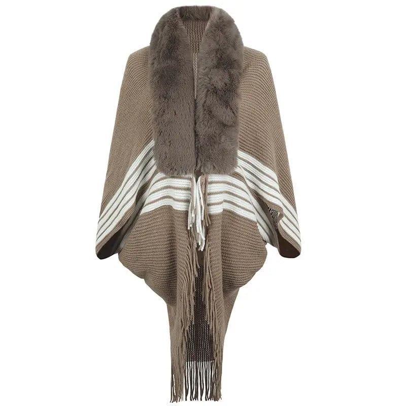 Cheky - Tassel Cape And Shawl Women's Striped Fur Collar Scarf