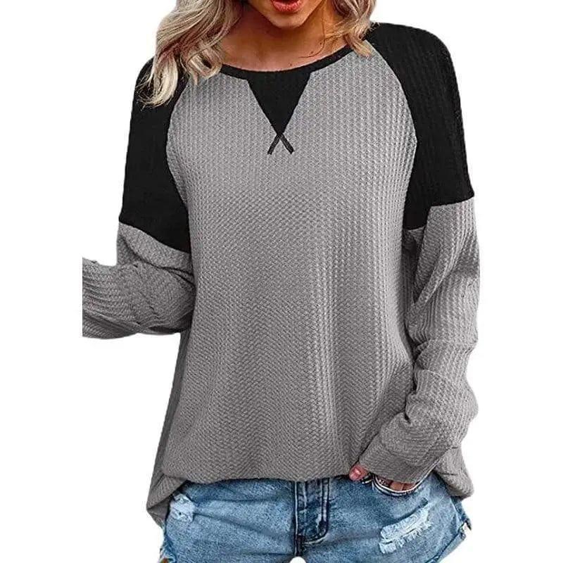 Cheky - Waffle Stitching Long-sleeved Round Neck T-shirt Top