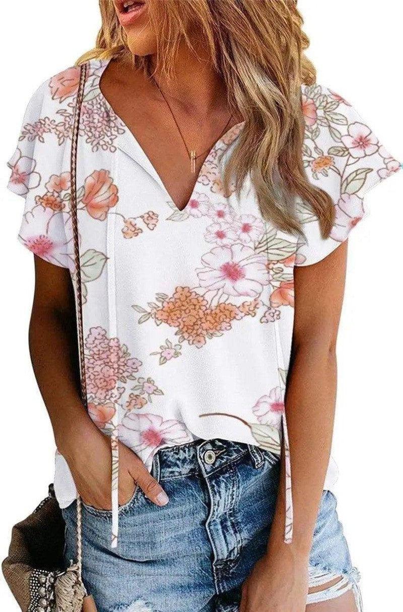 Cheky - Women's Casual Short-sleeved Loose Print V-neck Shirt Top